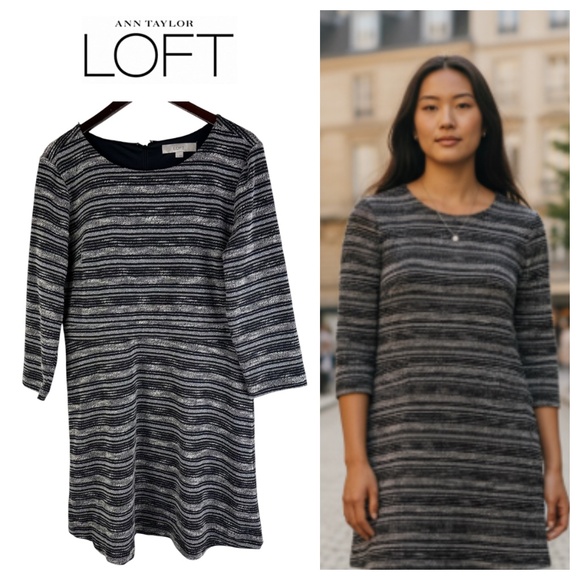 Ann Taylor Loft Shift Sheath Dress Sz 14 XL Black Striped Career Classic - Picture 1 of 6